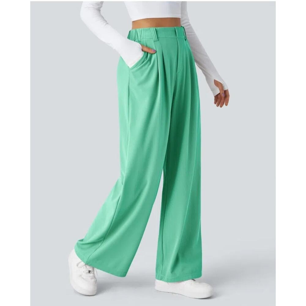 Halara Women's Green Flex High Waisted Pocket Wide Leg Waffle Work Pants Sz XS